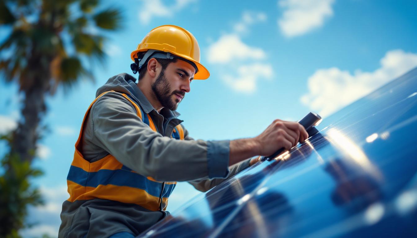 A photograph of a skilled lighting contractor installing solar light tops on a modern outdoor structure
