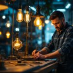 A photograph of a skilled lighting contractor working in a vintage-inspired workspace