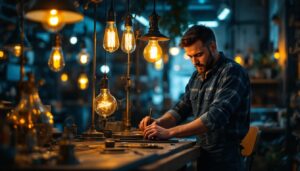 A photograph of a skilled lighting contractor working in a vintage-inspired workspace