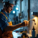 A photograph of a lighting contractor using a wall outlet charger in a well-lit workspace