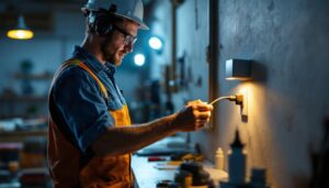A photograph of a lighting contractor using a wall outlet charger in a well-lit workspace