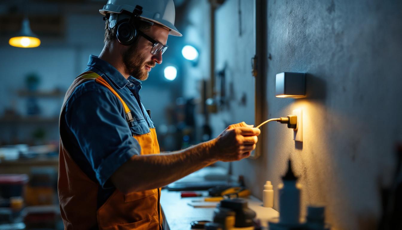 A photograph of a lighting contractor using a wall outlet charger in a well-lit workspace
