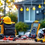 A photograph of a well-organized outdoor workspace featuring a variety of essential electrical tools