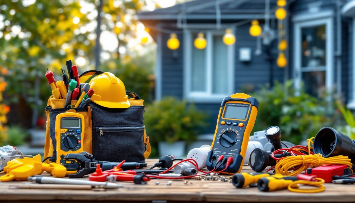 A photograph of a well-organized outdoor workspace featuring a variety of essential electrical tools
