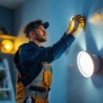 A photograph of a skilled lighting contractor installing can lights in a modern home