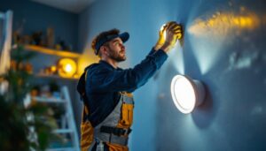 A photograph of a skilled lighting contractor installing can lights in a modern home