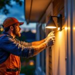 A photograph of capture a photograph of a lighting contractor installing dusk to dawn lights in a residential or commercial setting