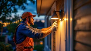 A photograph of capture a photograph of a lighting contractor installing dusk to dawn lights in a residential or commercial setting