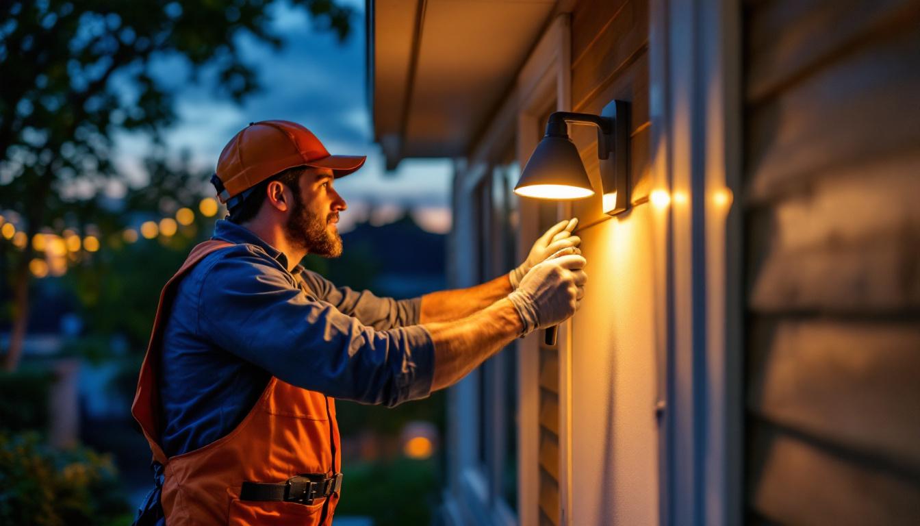 A photograph of capture a photograph of a lighting contractor installing dusk to dawn lights in a residential or commercial setting