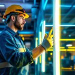 A photograph of a lighting contractor examining a vibrant led lightstrip installation in a modern workspace