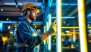 A photograph of a lighting contractor examining a vibrant led lightstrip installation in a modern workspace