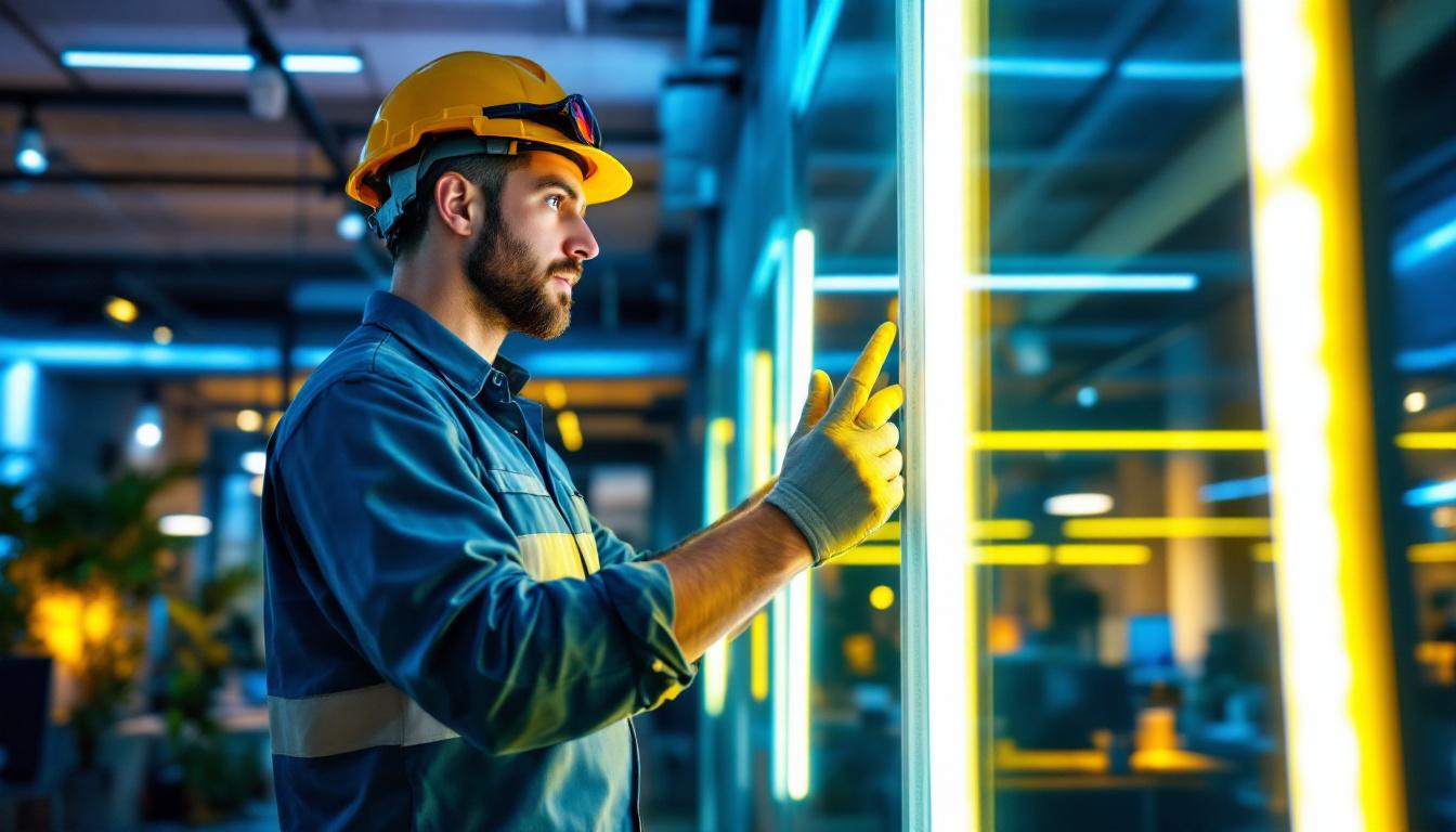 A photograph of a lighting contractor examining a vibrant led lightstrip installation in a modern workspace