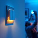 A photograph of a skilled lighting contractor installing a modern dimmer switch alongside vibrant led lighting fixtures in a stylish home setting