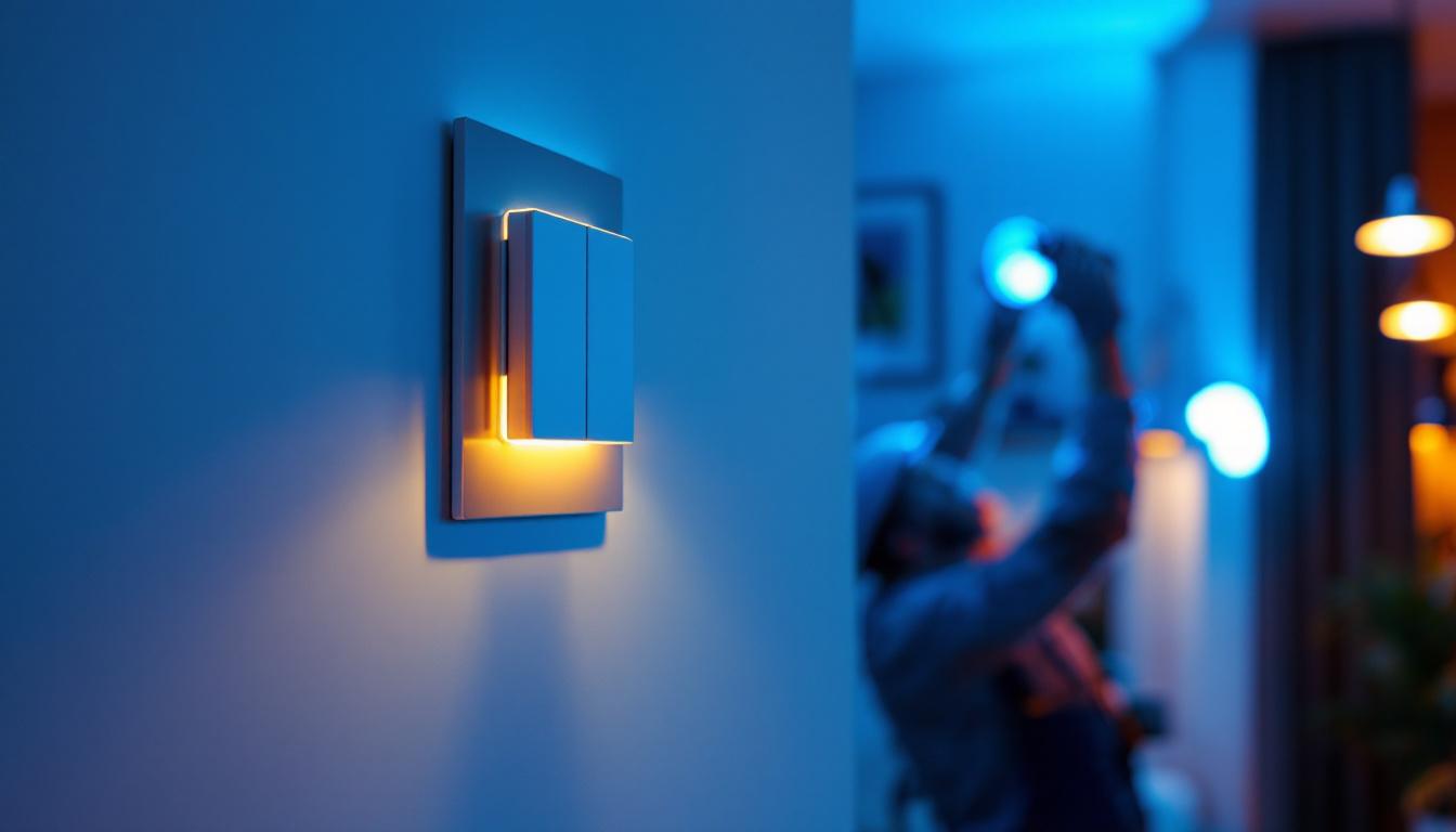 A photograph of a skilled lighting contractor installing a modern dimmer switch alongside vibrant led lighting fixtures in a stylish home setting