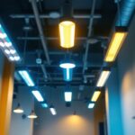 A photograph of a well-lit indoor space showcasing various fluorescent light fixtures in action