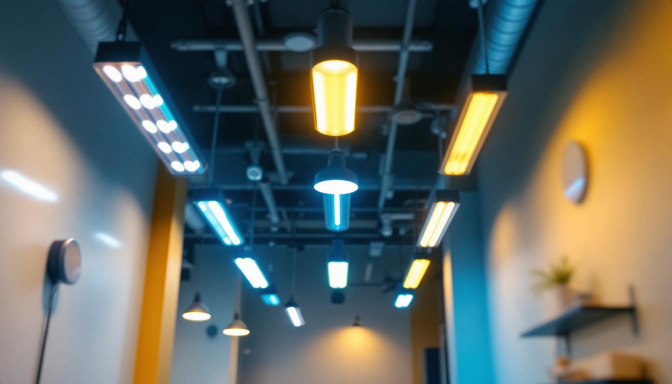 A photograph of a well-lit indoor space showcasing various fluorescent light fixtures in action