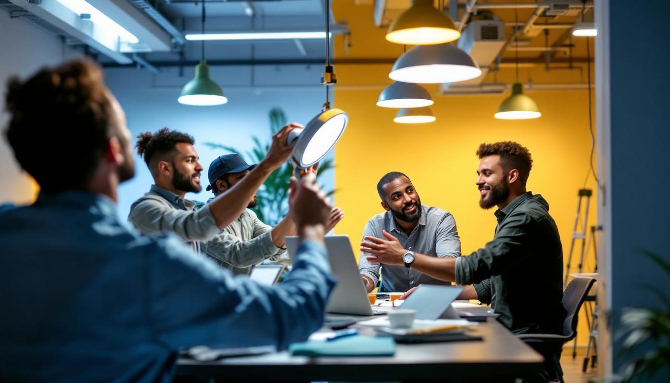 A photograph of a diverse team of professionals engaged in a hands-on training session