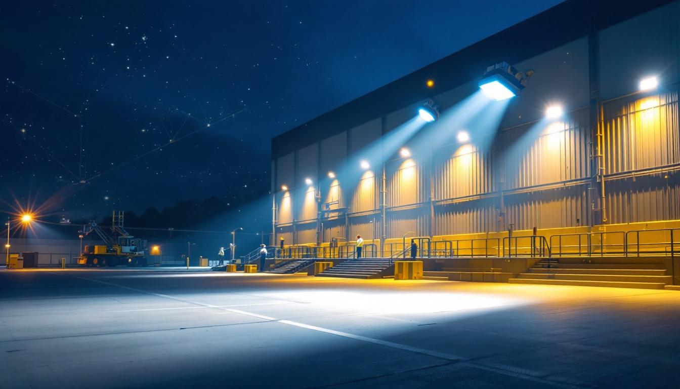 A photograph of a 1000w metal halide light installation illuminating a large outdoor area