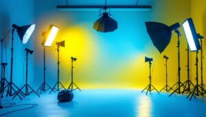 A photograph of a well-lit studio setup showcasing various led lighting arrangements