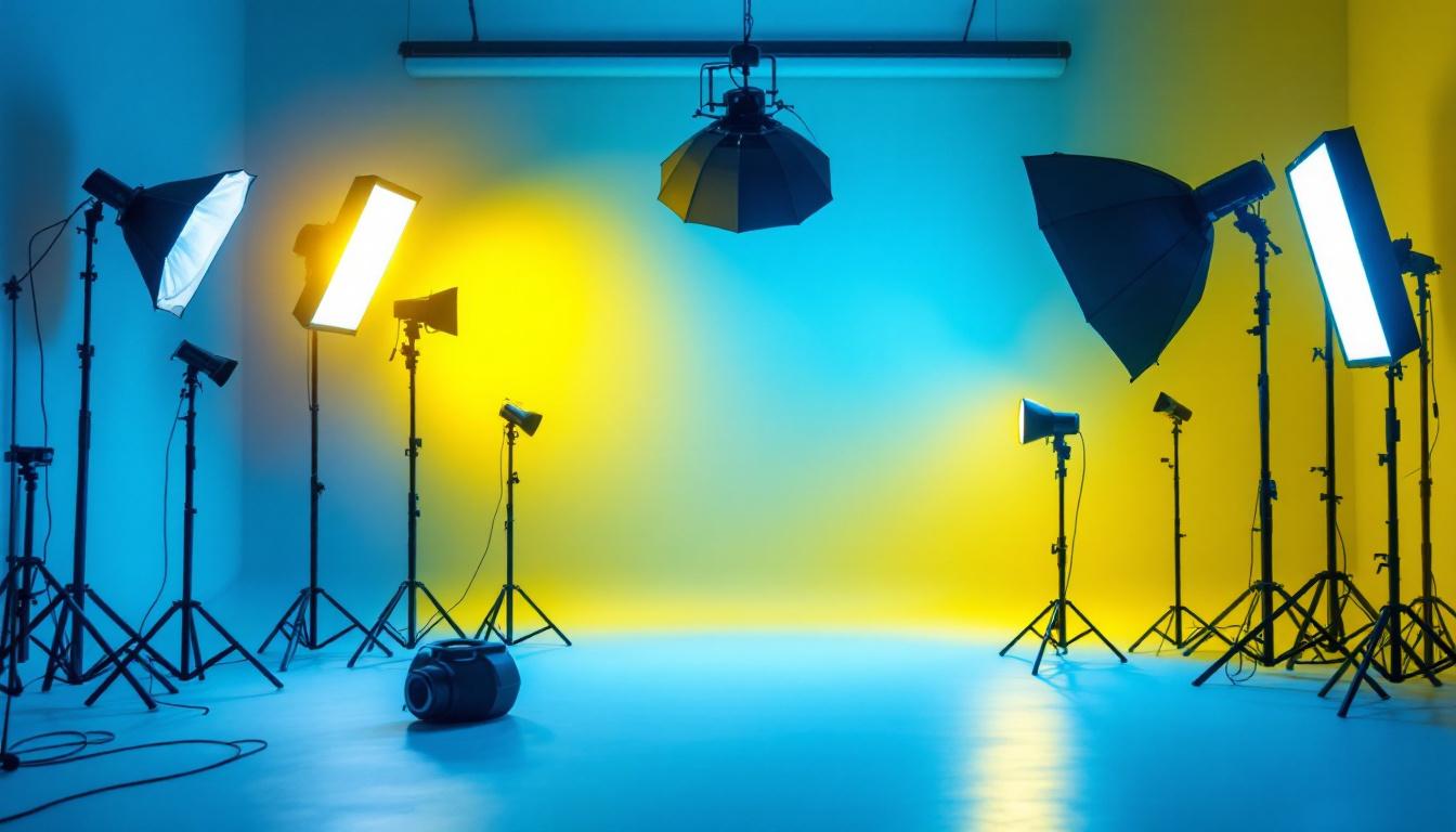 A photograph of a well-lit studio setup showcasing various led lighting arrangements