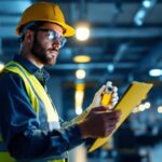 A photograph of a lighting contractor inspecting a well-lit commercial space