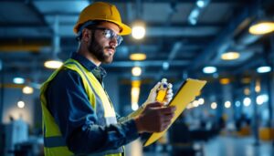 A photograph of a lighting contractor inspecting a well-lit commercial space