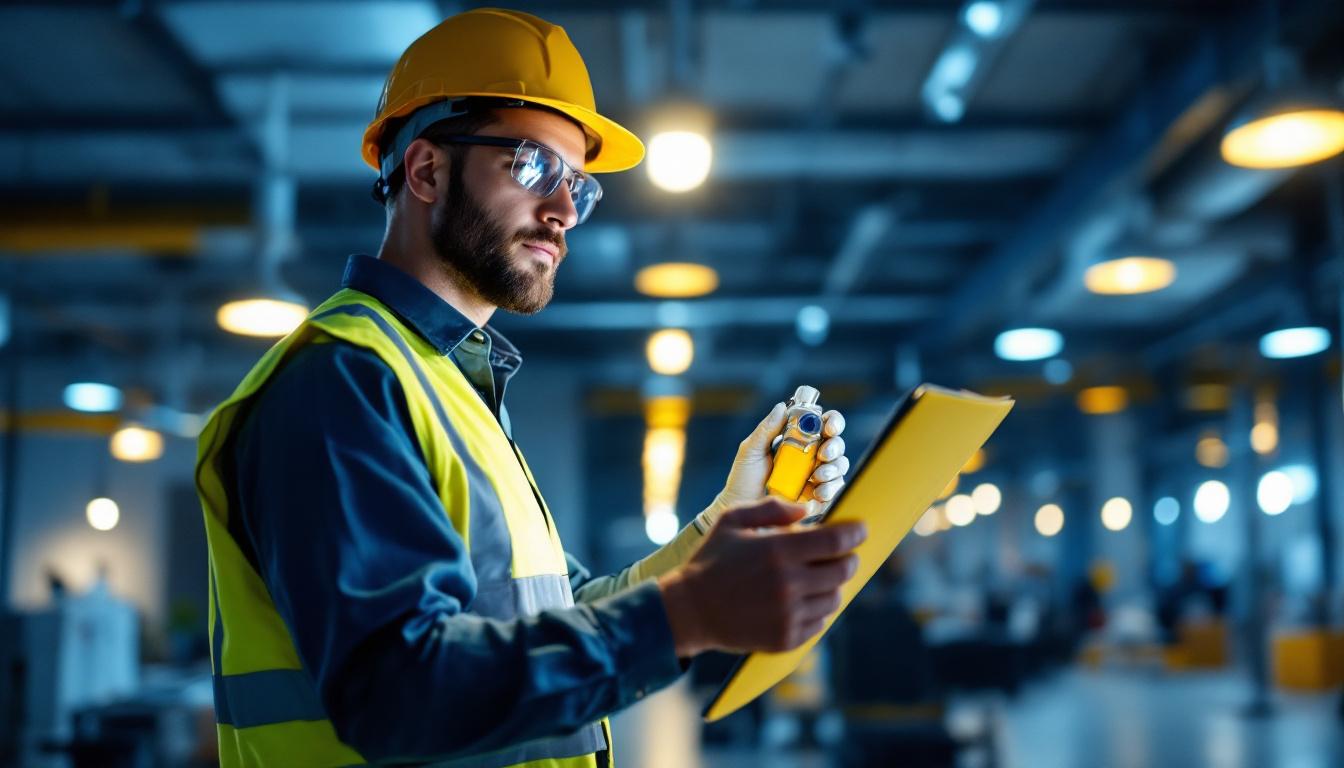 A photograph of a lighting contractor inspecting a well-lit commercial space