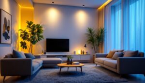 A photograph of a stylishly designed living room featuring dimmable led recessed lights in action
