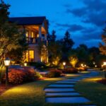 A photograph of a beautifully illuminated outdoor landscape featuring various landscape lighting fixtures in use