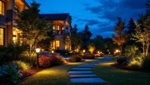 A photograph of a beautifully illuminated outdoor landscape featuring various landscape lighting fixtures in use