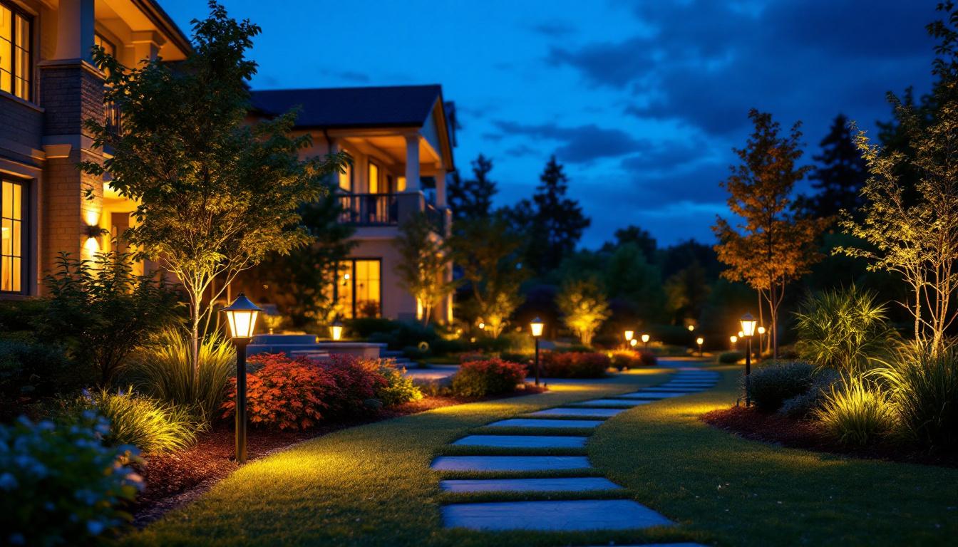 A photograph of a beautifully illuminated outdoor landscape featuring various landscape lighting fixtures in use