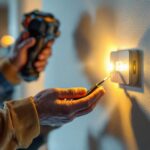 A photograph of a lighting contractor installing a light switch with a built-in timer in a home setting