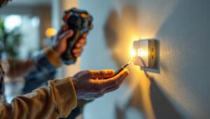 A photograph of a lighting contractor installing a light switch with a built-in timer in a home setting