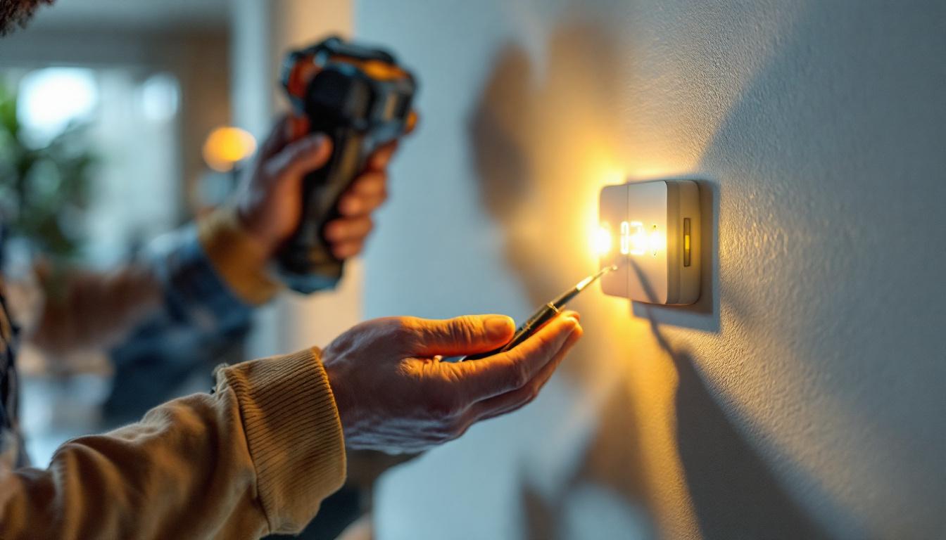 A photograph of a lighting contractor installing a light switch with a built-in timer in a home setting