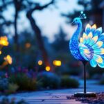 A photograph of a brightly lit outdoor scene featuring a solar peacock light in a landscaped garden