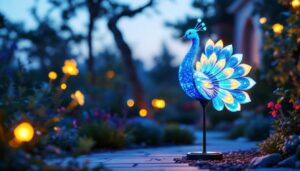 A photograph of a brightly lit outdoor scene featuring a solar peacock light in a landscaped garden