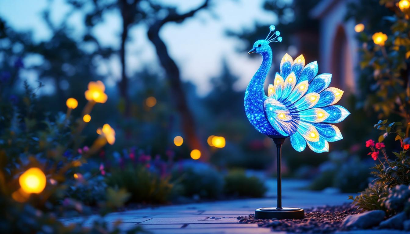 A photograph of a brightly lit outdoor scene featuring a solar peacock light in a landscaped garden
