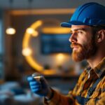 A photograph of a lighting contractor installing a 9.5w led bulb in a modern residential setting