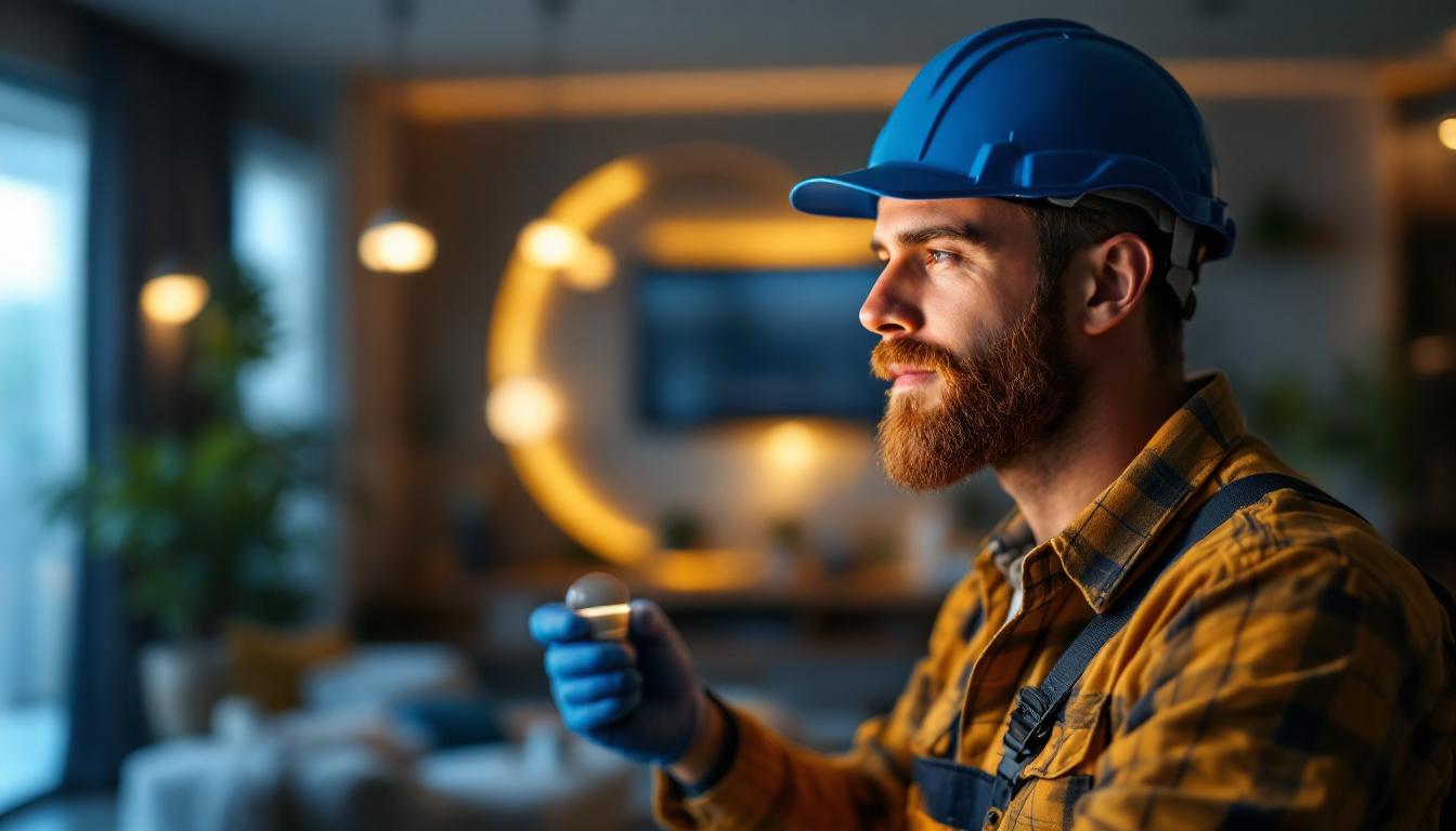A photograph of a lighting contractor installing a 9.5w led bulb in a modern residential setting