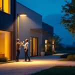 A photograph of a well-lit exterior space showcasing a stylish pole light in action