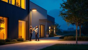 A photograph of a well-lit exterior space showcasing a stylish pole light in action