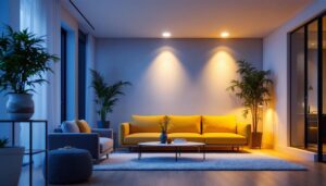 A photograph of a well-lit interior space showcasing 6-inch eyeball recessed led lights in action