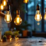 A photograph of a beautifully styled interior or exterior scene featuring light bulbs designed to resemble vintage gas lamps