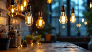 A photograph of a beautifully styled interior or exterior scene featuring light bulbs designed to resemble vintage gas lamps
