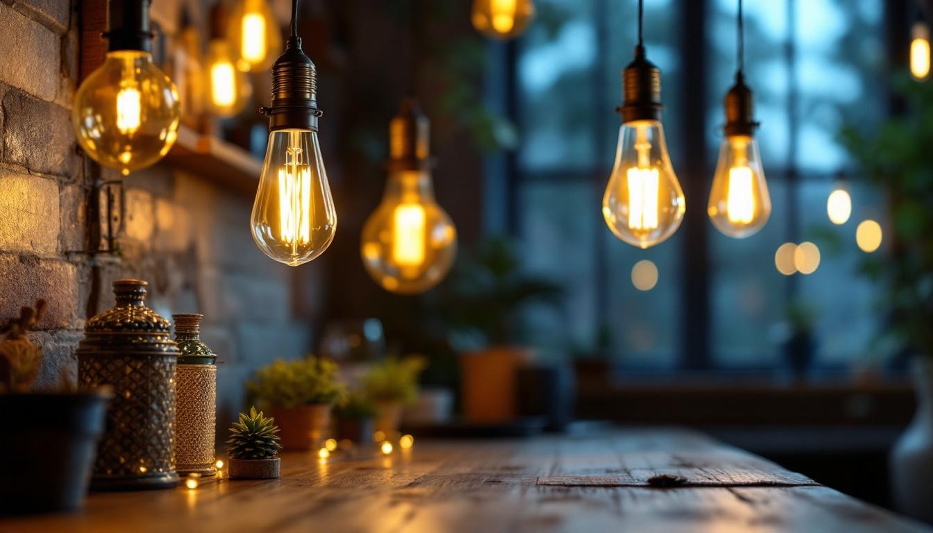 A photograph of a beautifully styled interior or exterior scene featuring light bulbs designed to resemble vintage gas lamps