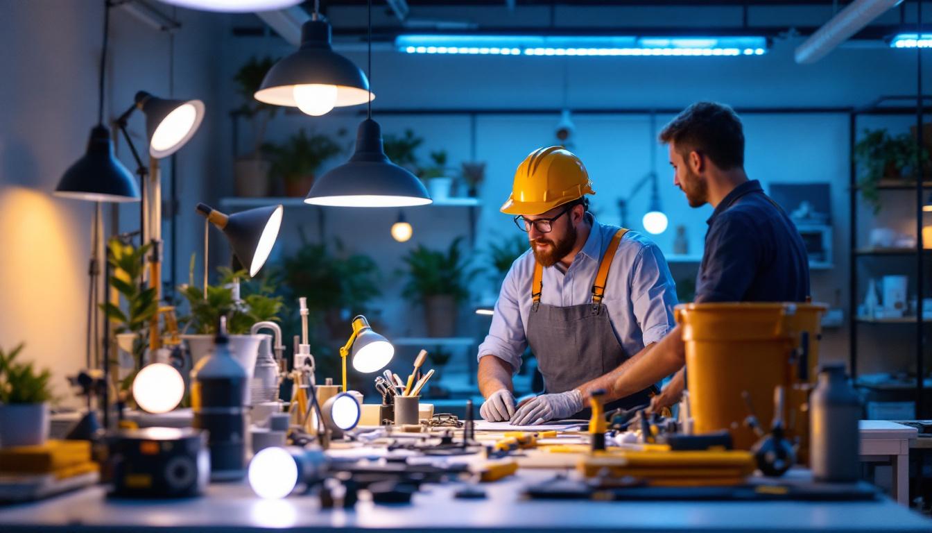 A photograph of a well-lit workspace featuring a lighting contractor interacting with a local light supplier