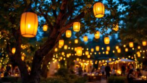 A photograph of a beautifully illuminated outdoor space featuring various hanging tree lanterns