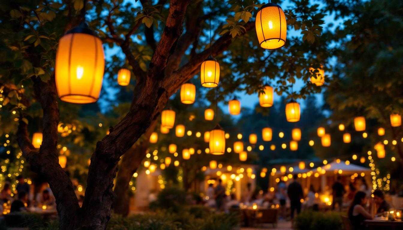 A photograph of a beautifully illuminated outdoor space featuring various hanging tree lanterns