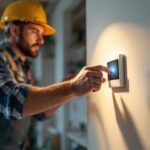 A photograph of a lighting contractor installing a moisture sensor switch in a residential setting