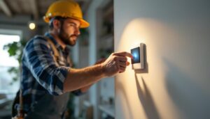 A photograph of a lighting contractor installing a moisture sensor switch in a residential setting